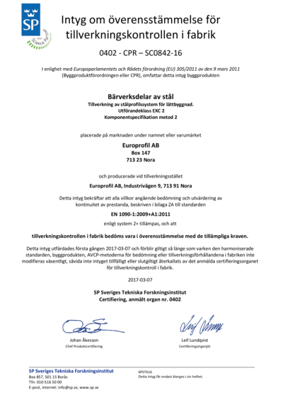 Europrofil EN1090-1 Certificate (SV)
